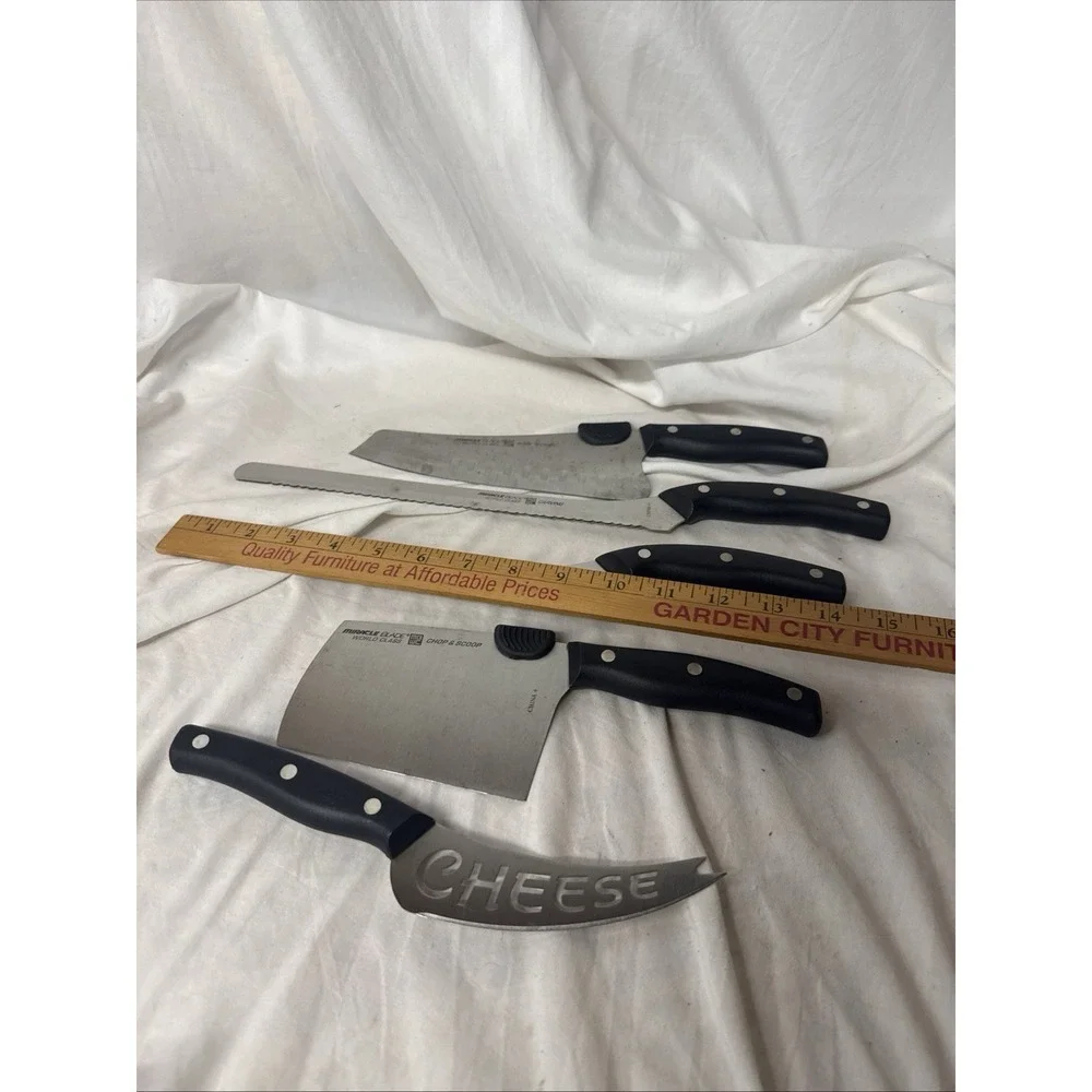 Miracle Blade III 5 Pc Knife Chop Carve Cheese Rock Filet 17 Slot Wood Block Lot